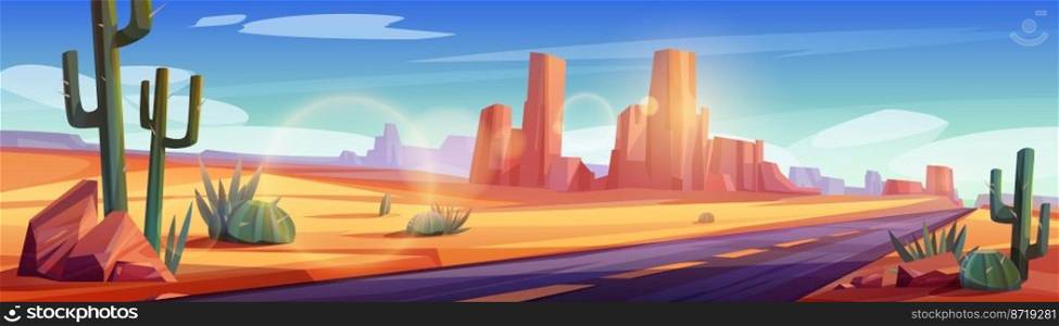 Road in desert scenery landscape with rocks, cacti and dry sandy ground. Straight empty highway in Arizona Grand Canyon, asphalted way with green agave, hot cartoon vector illustration. Road in desert landscape with rocks and cacti