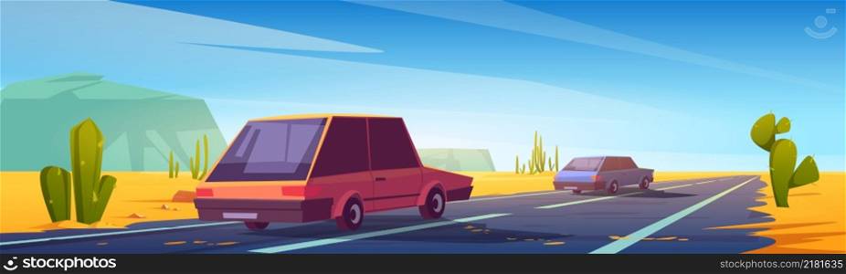 Road in desert with cars riding on asphalt highway with cacti along the route, rocks and golden sand. Roadway landscape with skyline, rocky barren wasteland, Travel trip cartoon vector illustration. Road in desert with cars riding on asphalt highway