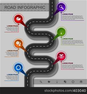 Road infographic with six marked spots. Best design. Best road infographic