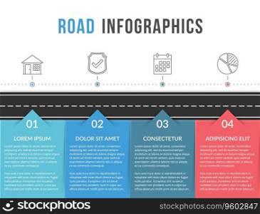 Road infographics template with four elements with place for your text, vector eps10 illustration. Road Infographics