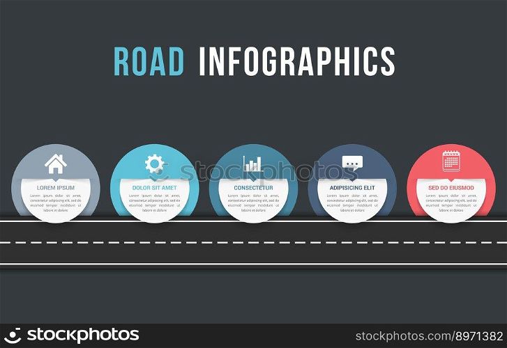 Road infographics with five circles with place for your icons and text, vector eps10 illustration. Road Infographics
