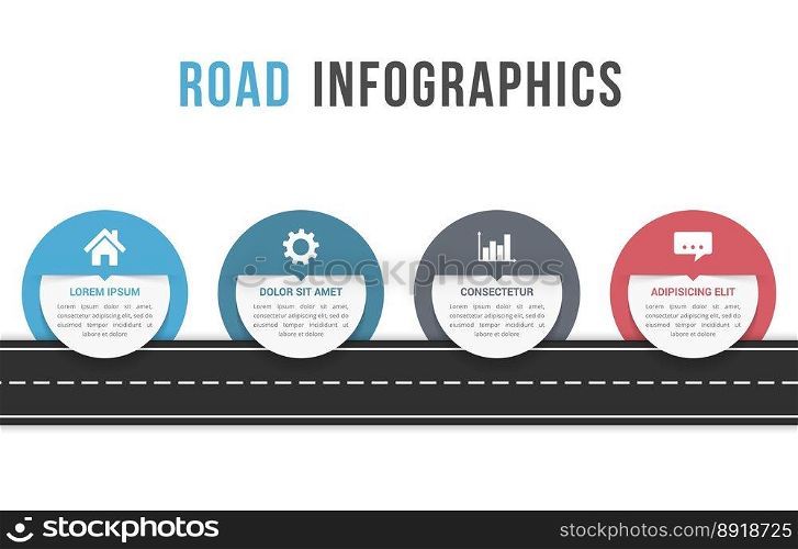 Road infographics with four circles with place for your icons and text, vector eps10 illustration. Road Infographics