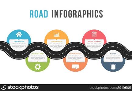 Road infographics with six circles with place for your icons and text, vector eps10 illustration. Road Infographics