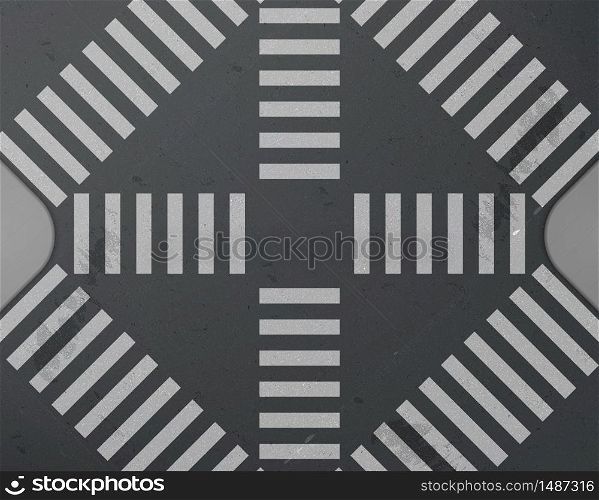 Road intersection with crosswalk top view. Vector realistic background with white zebra lines road marking on black asphalt and tiled sidewalk. City street crossing with pedestrian junction. Road intersection with crosswalk top view