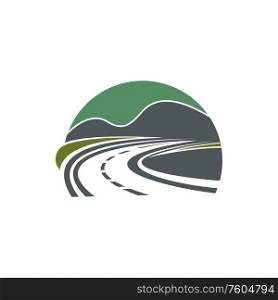 Road isolated roadway or highway symbol. Vector travel company logo, path in nature landscape. Highway or roadway symbol isolated path in nature