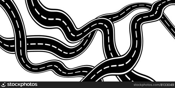 Road knot, Intersection. Winding road. Curved road with white markings. Asphalt roadway with turns. Curve way or asphalt highway or city street. Winding route,  Away knot. traffic congestion.