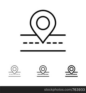 Road, Location, Way, Map Bold and thin black line icon set