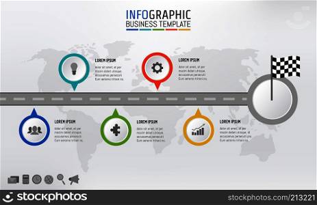 Road map business timeline info graphics template for presentation with checkered flag, 5 steps, options, processes. Vector illustration.