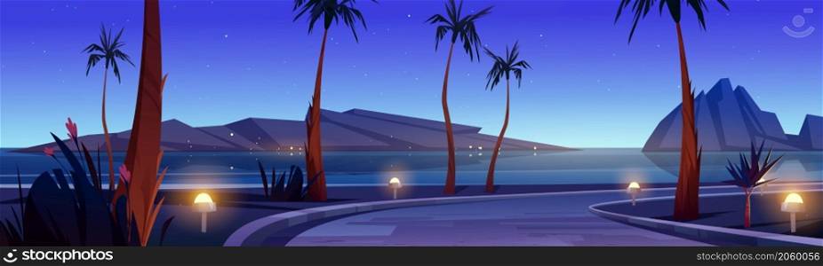 Road on sea beach with palm trees and rocks in water at night. Vector cartoon illustration of tropical landscape with highway, ocean shore with grass, flowers and mountains at evening. Road on sea beach with palm trees at night
