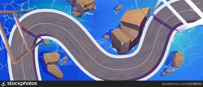 Road or bridge top view, winding highway over sea water surface. Cartoon overhead background with modern city infrastructure, two lane curve asphalt pathway, route direction Vector illustration. Road or bridge top view, winding highway over sea