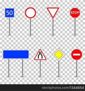 Road or street traffic signs isolated on transparent background. Highway objects. Metal sign circle, triangle, rectangle. Empty road plates for stop, danger, safety, limit speed, caution, post. Vector. Road, street traffic signs isolated on transparent background. Highway objects. Metal sign circle, triangle, rectangle. Empty road plates for stop, danger, safety, limit speed, caution, post. Vector.