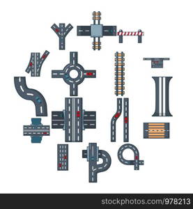 Road parts constructor icons set. Cartoon illustration of 16 road parts constructor module vector icons for web. Road parts constructor icons set, cartoon style