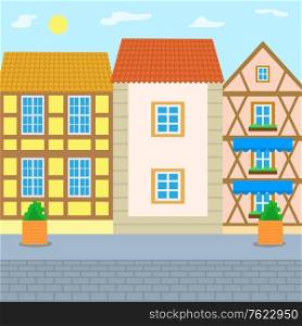 Road paved with bricks vector, old city, cityscape with buildings. Town with estates and constructions for people to live, street with plants in pots. European City Street with Old Vintage Houses Along