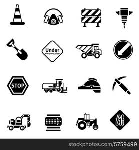 Road repair icons black with warning cone cement mixer builder truck isolated vector illustration