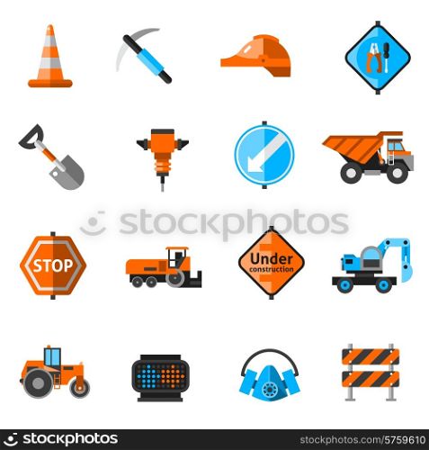 Road repair icons with hammer builder tools forklift helmet isolated vector illustration