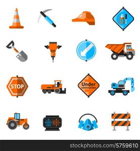 Road repair icons with hammer builder tools forklift helmet isolated vector illustration