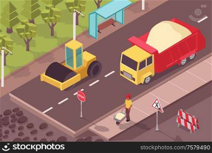 Road repair isometric composition with view of motorway under construction with road-building machinery and pavement vector illustration