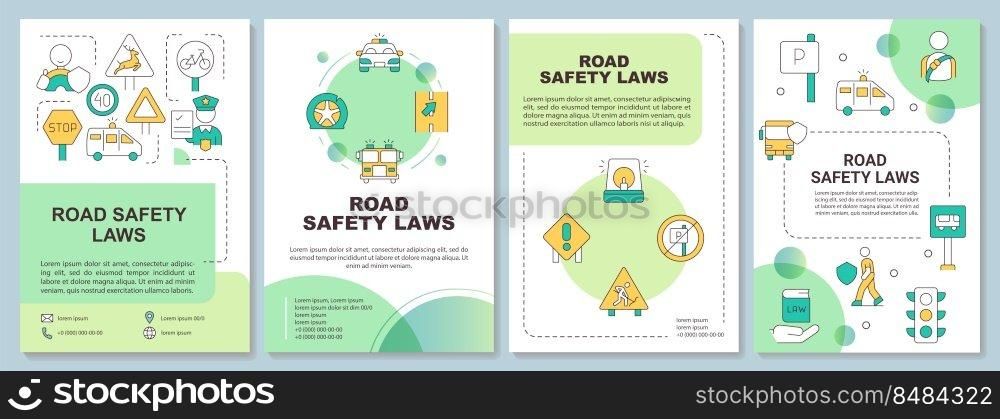 Road safety laws green brochure template. Driving regulations. Leaflet design with linear icons. Editable 4 vector layouts for presentation, annual reports. Arial-Bold, Myriad Pro-Regular fonts used. Road safety laws green brochure template