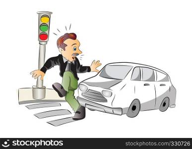 Road Safety, Man About to be Hit by a Car, vector illustration