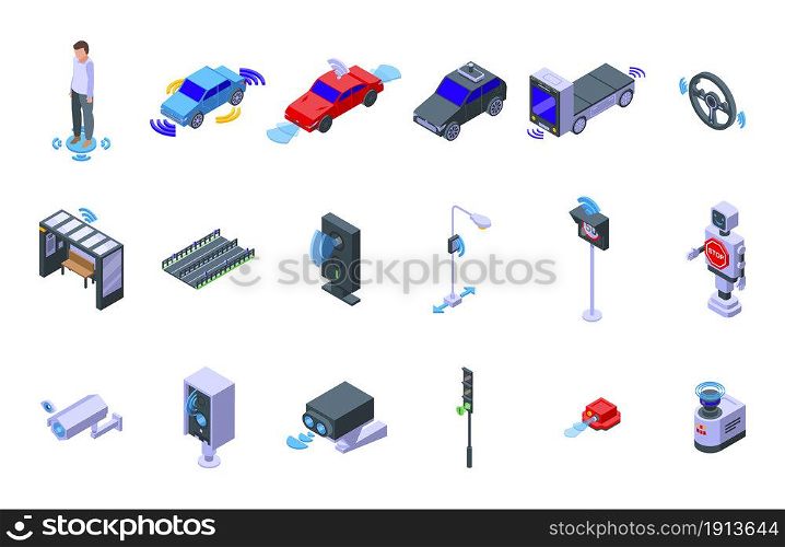 Road sensors icons set isometric vector. Traffic safety. System control. Road sensors icons set isometric vector. Traffic safety