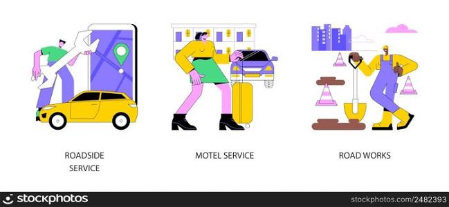 Road service abstract concept vector illustration set. Roadside service, highway motel, bed and breakfast, rooms for rent, road works, mechanical repair, help to driver abstract metaphor.. Road service abstract concept vector illustrations.