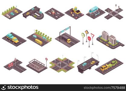 Road set with isometric elements of traffic way with asphalt covering cars buildings and road signs vector illustration