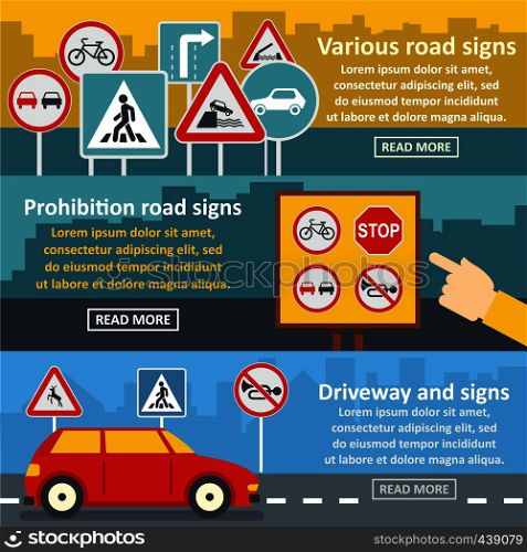 Road sign banner horizontal concept set. Flat illustration of 3 road sign vector banner horizontal concepts for web. Road sign banner horizonatal set, flat style