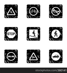 Road sign icons set. Grunge illustration of 9 road sign vector icons for web. Road sign icons set, grunge style