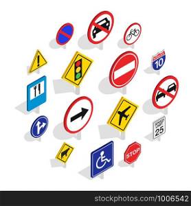Road Sign icons set in isometric 3d style isolated on white background. Road Sign icons set, isometric 3d style