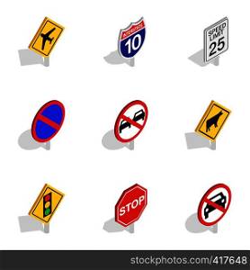 Road sign icons set. Isometric 3d illustration of 9 road sign vector icons for web. Road sign icons, isometric 3d style