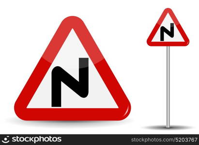 Road sign Warning Dangerous turns. In Red Triangle, a curved line is depicted schematically, denoting many turns. Vector Illustration. EPS10. Road sign Warning Dangerous turns. In Red Triangle, a curved line is depicted schematically, denoting many turns. Vector Illustration.