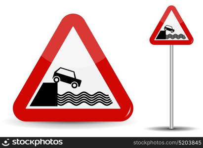 Road sign Warning Departure to embankment. In Red Triangle, the coast, water and car are schematically depicted. Vector Illustration. EPS10. Road sign Warning Departure to embankment. In Red Triangle, the coast, water and car are schematically depicted. Vector Illustration.