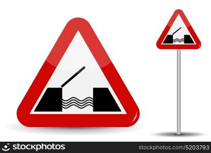 Road sign Warning Drawbridge. In Red Triangle are schematically depicted coast, water and bridge. Vector Illustration. EPS10. Road sign Warning Drawbridge. In Red Triangle are schematically depicted coast, water and bridge. Vector Illustration.