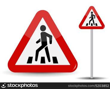 Road sign Warning. In Red Triangle man at pedestrian crossing. Vector Illustration. EPS10. Road sign Warning. In Red Triangle man at pedestrian crossing. Vector Illustration.