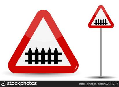 Road sign Warning railroad crossing. In Red Triangle, fence-barrier is schematically depicted. Vector Illustration. EPS10. Road sign Warning railroad crossing. In Red Triangle, fence-barrier is schematically depicted. Vector Illustration.
