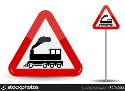 Road sign Warning Railway crossing without barrier. In Red Triangle is a schematic depiction of a steam locomotive in motion with smoke. Vector Illustration. EPS10. Road sign Warning Railway crossing without barrier. In Red Triangle is a schematic depiction of a steam locomotive in motion with smoke. Vector Illustration.