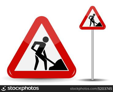 Road sign Warning Road works. In the Red Triangle a man with shovel in his hands. Vector Illustration. EPS10. Road sign Warning Road works. In the Red Triangle a man with shovel in his hands. Vector Illustration.