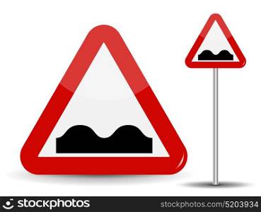 Road sign Warning Uneven road. In Red Triangle image of bad cover with pits. Vector Illustration. EPS10. Road sign Warning Uneven road. In Red Triangle image of bad cover with pits. Vector Illustration.