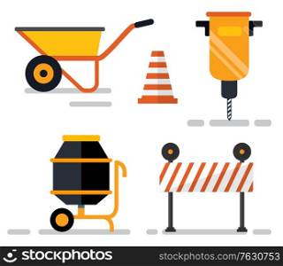 Road signs and cone, isolated construction equipment and tools. Carriage and auger drill, cement mixer and plastic board with stripes and lights. Vector illustration in flat cartoon style. Construction Equipment, Cement Mixer and Signs