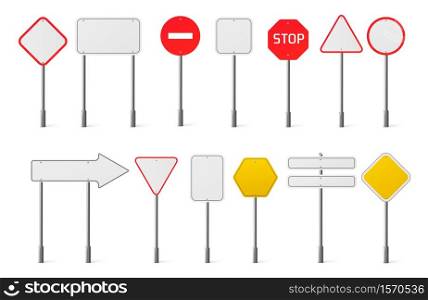 Road signs collection. Vector realistic set of blank traffic sign boards different shapes for attention, alert, speed limit and direction notice isolated on white background. Vector set of blank traffic road signs