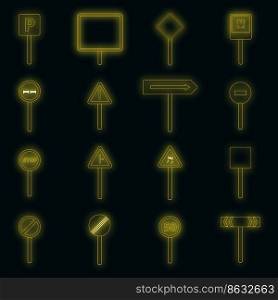 Road signs icons set. Illustration of 16 road signs vector icons neon color on black. Road signs icons set vector neon