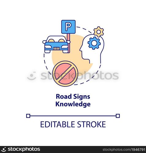 Road signs knowledge concept icon. Driving school result abstract idea thin line illustration. Learning driving theory. Traffic control signs. Vector isolated outline color drawing. Editable stroke. Road signs knowledge concept icon