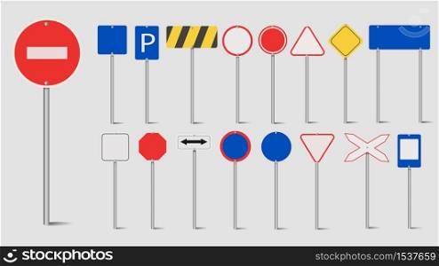 Road signs of different formats. The concept of warning colored signs in various forms of arrows, squares and circles: road, highway, urban transport, warning, danger, pedestrian, destination.. Road signs of different formats. The concept of warning colored signs
