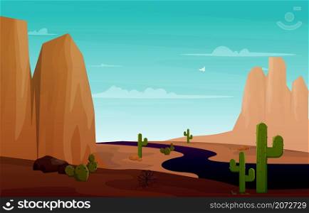 Road Street Desert Country Cactus Travel Vector Flat Design Illustration