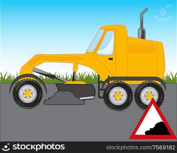 Road technology grader concerns with repair of the road. Vector illustration of the cartoon of the grader on road