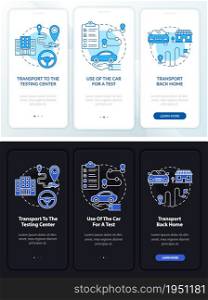 Road test services dark, light onboarding mobile app page screen. Walkthrough 3 steps graphic instructions with concepts. UI, UX, GUI vector template with linear night and day mode illustrations. Road test services dark, light onboarding mobile app page screen