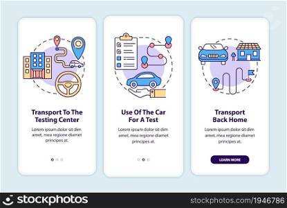 Road test services onboarding mobile app page screen. Driving school offers walkthrough 3 steps graphic instructions with concepts. UI, UX, GUI vector template with linear color illustrations. Road test services onboarding mobile app page screen