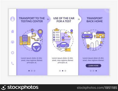 Road test services onboarding vector template. Responsive mobile website with icons. Web page walkthrough 3 step screens. Driving school offers color concept with linear illustrations. Road test services onboarding vector template