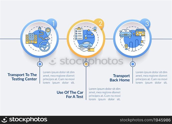 Road test services vector infographic template. School offers presentation outline design elements. Data visualization with 3 steps. Process timeline info chart. Workflow layout with line icons. Road test services vector infographic template