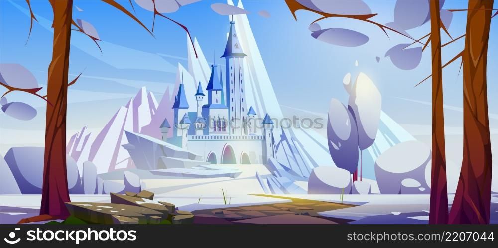 Road to castle on hill with snow and ice peaks. Vector cartoon illustration of winter landscape of fairy tale kingdom with royal palace with towers, mountains, path and bare trees. Road to castle on hill in winter